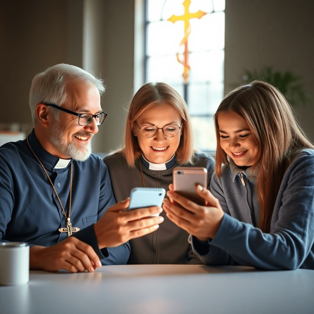 catholic family using mobile app together, warm lighting, modern setting