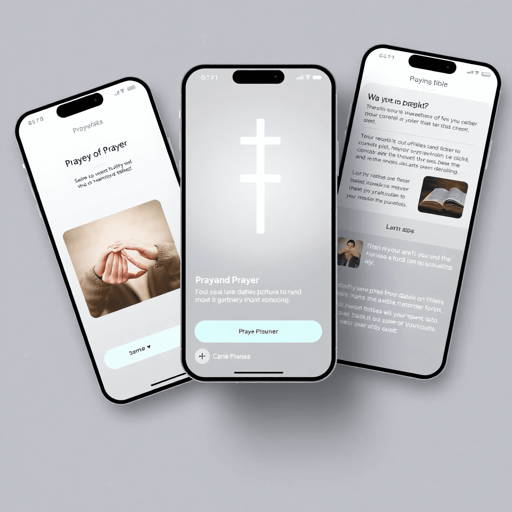 catholic mobile app interface with prayer and bible features, elegant minimal design, light theme, professional UI